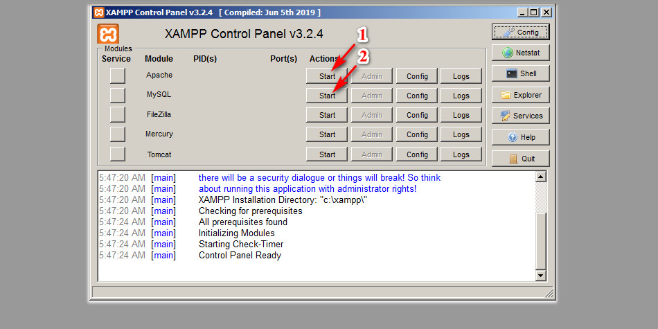 Halaman aktivasi Apache dan MySQL di XAMPP