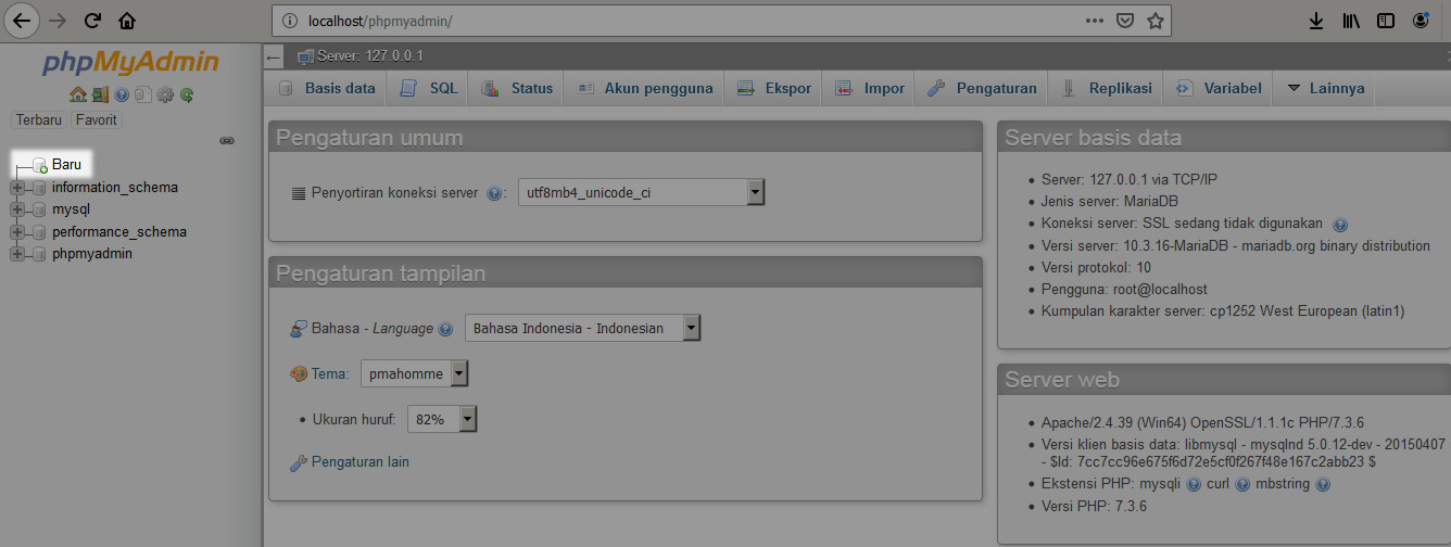 Halaman phpMyAdmin dari localhost XAMPP