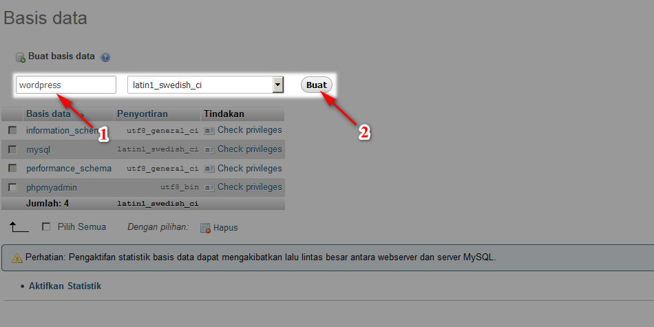 Halaman pengaturan database pada phpMyAdmin