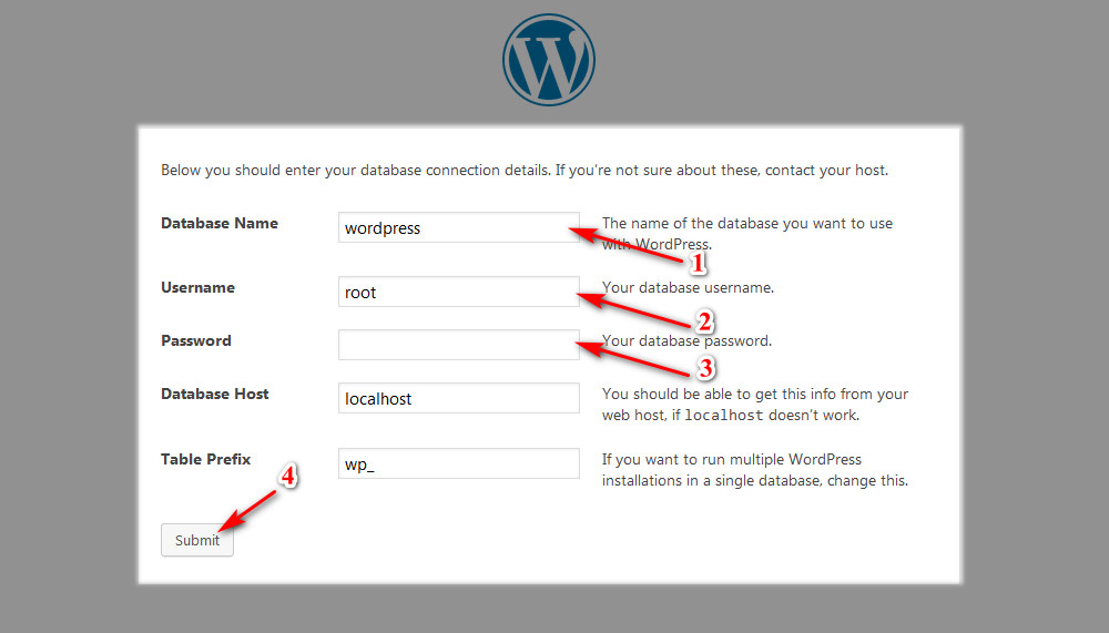 Halaman pengisian untuk menghubungkan WordPress dengan database yang sudah dibuat