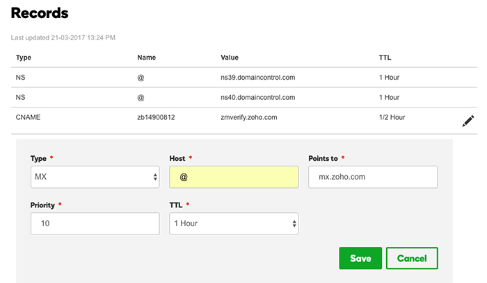 DNS management penambahan mx record zoho mail