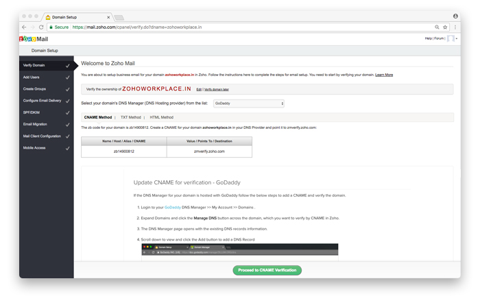 Proses verifikasi domain di Zoho Mail