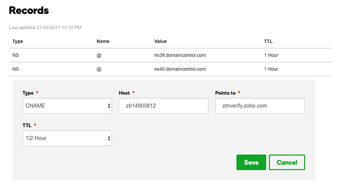 Proses penambahan record untuk verifikasi domain di Zoho