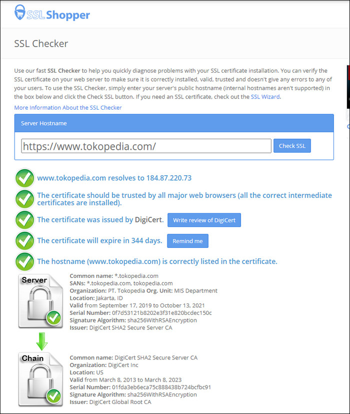 Hasil pengecekan sertifikat Secure Sockets Layer