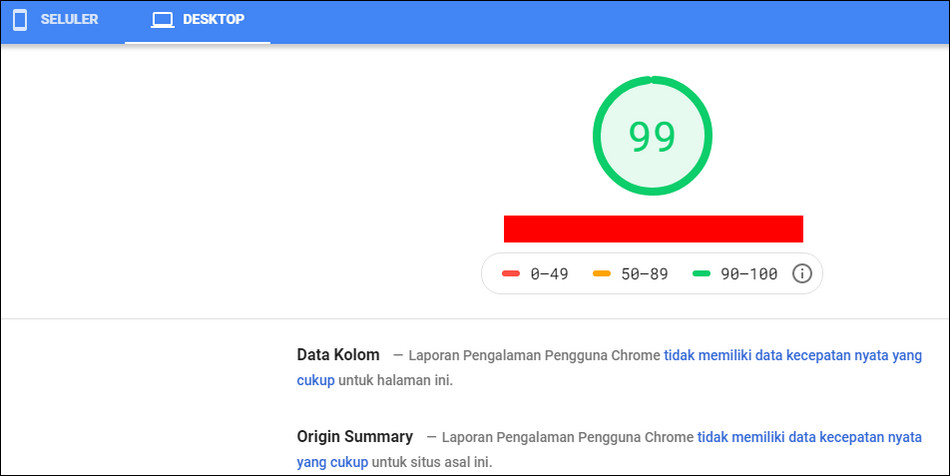 Hasil pengetesan dengan Google PageSpeeds Insight desktop